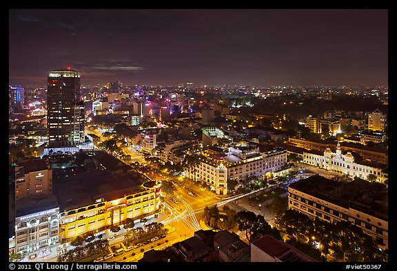 Saigon center at night from above. Ho Chi Minh City, Vietnam