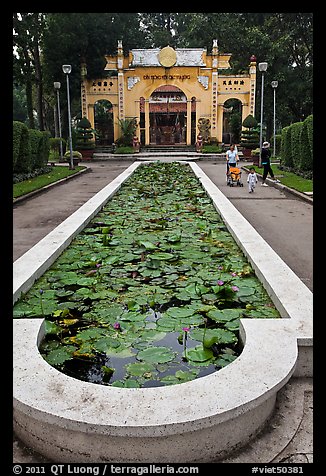 Waterlilly basin and temple gate, Cong Vien Van Hoa Park. Ho Chi Minh City, Vietnam (color)