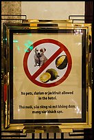 Hotel sign prohibiting smelly tropical fruits. Ho Chi Minh City, Vietnam (color)