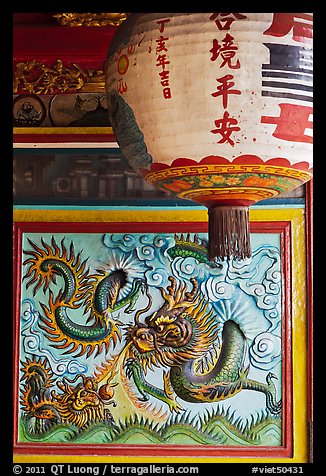 Lantern and ceramic dragon, Ha Chuong Hoi Quan Pagoda. Cholon, District 5, Ho Chi Minh City, Vietnam (color)