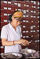 Woman weighting preparing traditional medicinal ingredients. Cholon, Ho Chi Minh City, Vietnam