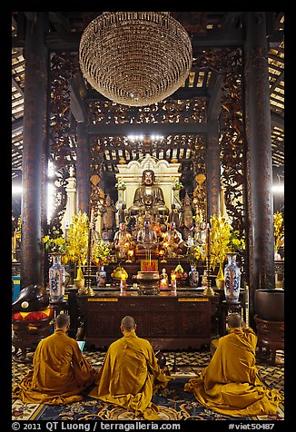 Monks in worship, Giac Lam Pagoda, Tan Binh District. Ho Chi Minh City, Vietnam (color)