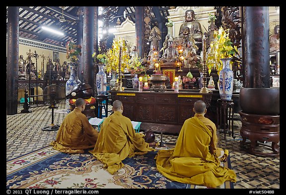 Buddhist monks perform ceremony, Giac Lam Pagoda, Tan Binh District. Ho Chi Minh City, Vietnam (color)