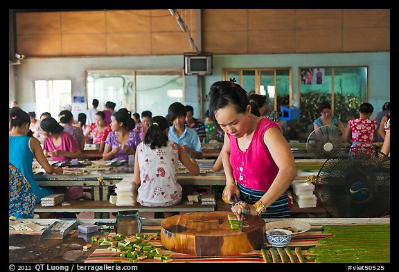 Woman cutting strips of coconut candy in factory. Ben Tre, Vietnam
