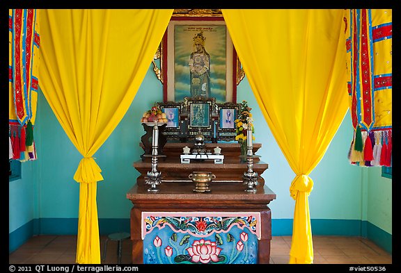 Yellow curtains, Altar, Saigon Caodai temple, district 5. Ho Chi Minh City, Vietnam