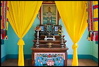 Yellow curtains, Altar, Saigon Caodai temple, district 5. Ho Chi Minh City, Vietnam (color)