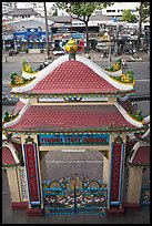 Exterior gate and street from above, Saigon Caodai temple, district 5. Ho Chi Minh City, Vietnam