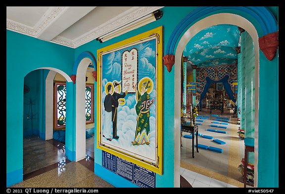 Hall with fresco feature three saints, Saigon Caodai temple, district 5. Ho Chi Minh City, Vietnam (color)