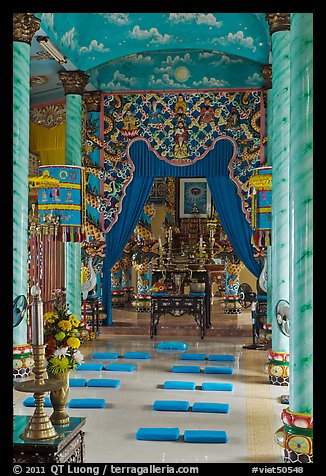 Main ceremonial room and altar Saigon Caodai temple, district 5. Ho Chi Minh City, Vietnam (color)