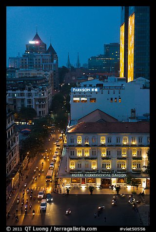 Hotel Continental, streets, and Basilica at night. Ho Chi Minh City, Vietnam (color)
