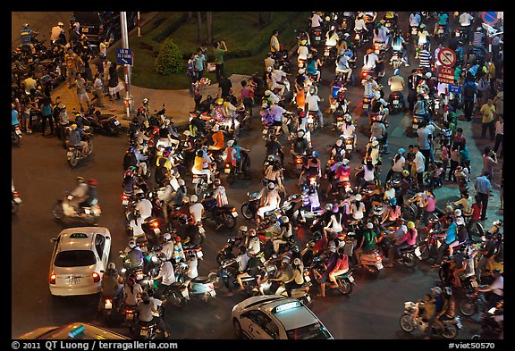 Traffic from above, intersection of Nguyen Hue and Le Loi. Ho Chi Minh City, Vietnam (color)