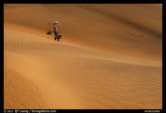 Woman with conical hat and yoke baskets pauses on sand dunes. Mui Ne, Vietnam