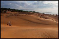 Coastal sand dunes with sea in distance and local woman. Mui Ne, Vietnam (color)