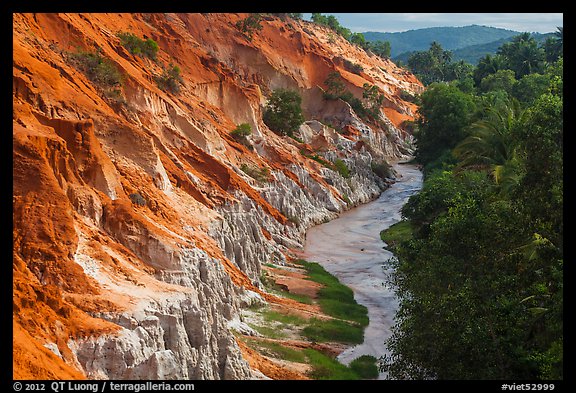 Fairy Stream, red rock, and forest from above. Mui Ne, Vietnam (color)