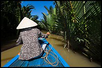 Woman rowing boat in canal lined up with vegetation, Phoenix Island. Mekong Delta, Vietnam ( color)