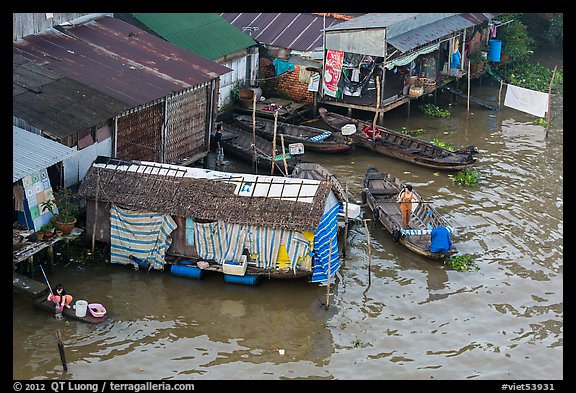 Riverside houses activity from above, Cai Rang. Can Tho, Vietnam (color)
