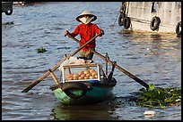 Woman paddling boat with breads, Cai Rang floating market. Can Tho, Vietnam (color)