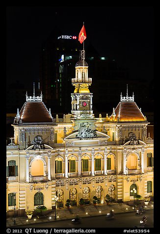 Peoples committee building (former City Hall) by night. Ho Chi Minh City, Vietnam (color)