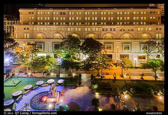 Plaza and commercial buildings from above at night. Ho Chi Minh City, Vietnam