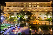 Plaza and commercial buildings from above at night. Ho Chi Minh City, Vietnam (color)