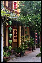 Sidewalk and houses with paper lanterns and lush vegetation. Hoi An, Vietnam (color)