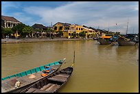 Boats, Thu Bon River, and houses. Hoi An, Vietnam (color)