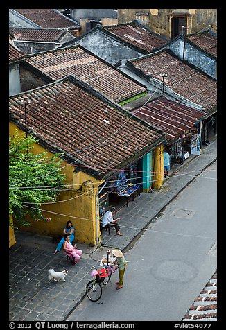 Old houses with tile rooftops and street from above. Hoi An, Vietnam (color)
