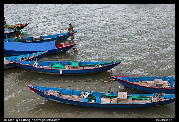 Blue fishing sampans from above. Vietnam (color)