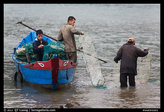 Men operating fish traps. Vietnam