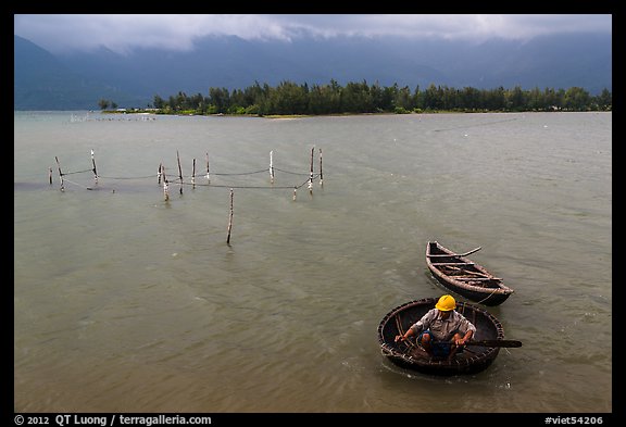 Man rowing coracle boat in lagoon. Vietnam