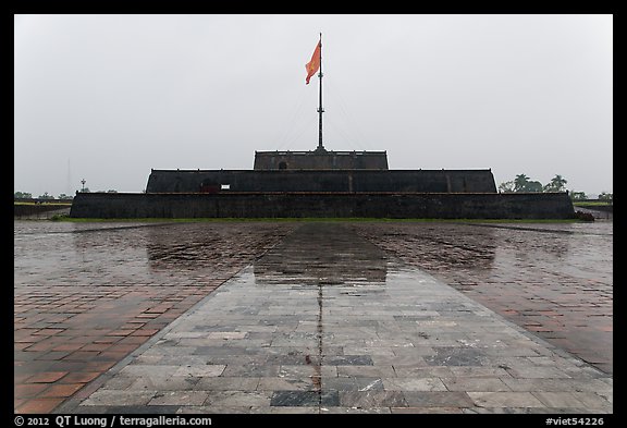 Flag monument in the rain. Hue, Vietnam (color)