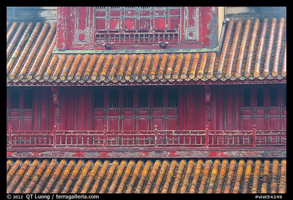 Detail of tile roof and wooden palace, citadel. Hue, Vietnam (color)