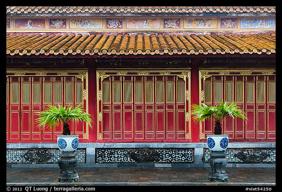 Facade with red and golden doors, imperial citadel. Hue, Vietnam (color)