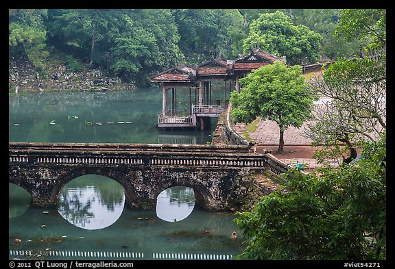 Stone bridge, pavilion, and Luu Khiem Lake, Tu Duc Tomb. Hue, Vietnam (color)