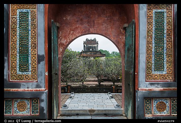 Stele Pavilion seen through the tomb gate, Tu Duc Tomb. Hue, Vietnam (color)