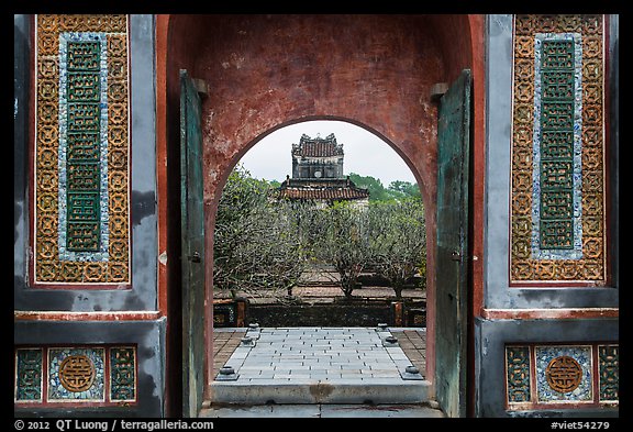 Stele Pavilion seen through the tomb gate, Tu Duc Tomb. Hue, Vietnam (color)