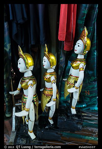 Puppets and clothing worn by water puppeters, Thang Long Theatre. Hanoi, Vietnam