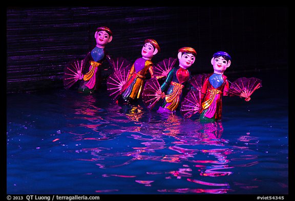 Water puppets (4 characters with fans), Thang Long Theatre. Hanoi, Vietnam