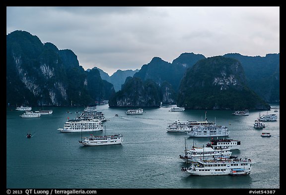 Tour boats and karstic islands from above. Halong Bay, Vietnam (color)