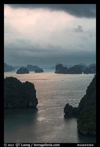 Seascape with limestone islets from above, evening. Halong Bay, Vietnam (color)