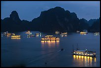 Flotilla of tour boats and islands at night. Halong Bay, Vietnam ( color)
