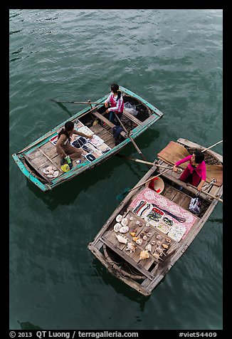 Vendors on boats seen from above. Halong Bay, Vietnam (color)