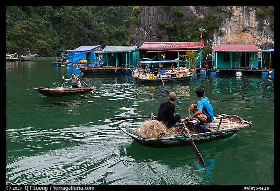 Villagers and houses, Vung Vieng fishing village. Halong Bay, Vietnam (color)