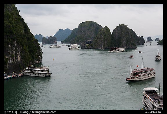 Tour boats and islands from above. Halong Bay, Vietnam (color)