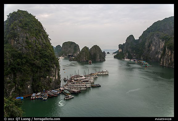 Tour boats anchored at base of island. Halong Bay, Vietnam (color)