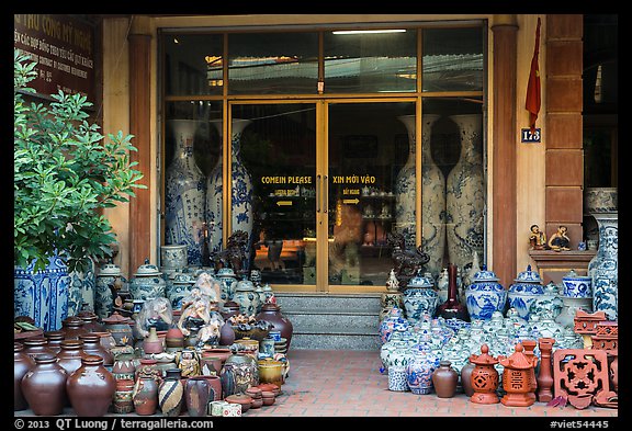 Ceramic store front with vases of all sizes. Bat Trang, Vietnam (color)