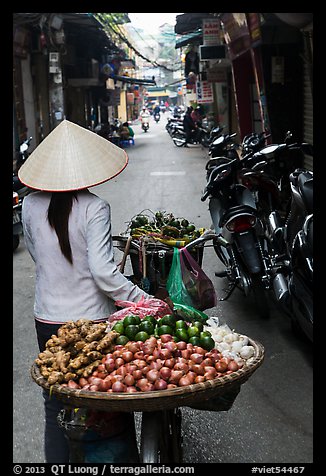 Woman pushing bicycle loaded with vegetable for sale in narrow street, old quarter. Hanoi, Vietnam