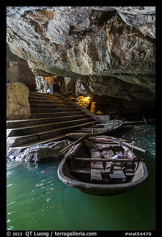Boats moored inside cave, Trang An. Ninh Binh,  Vietnam (color)