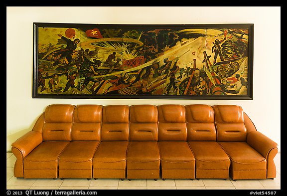 Propaganda painting and couch, military museum. Hanoi, Vietnam (color)