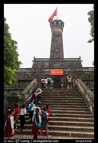 Schoolchildren visiting Flag Tower, Hanoi Citadel. Hanoi, Vietnam